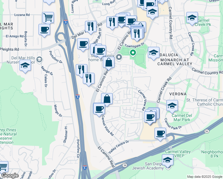 map of restaurants, bars, coffee shops, grocery stores, and more near 3545 Caminito El Rincon in San Diego