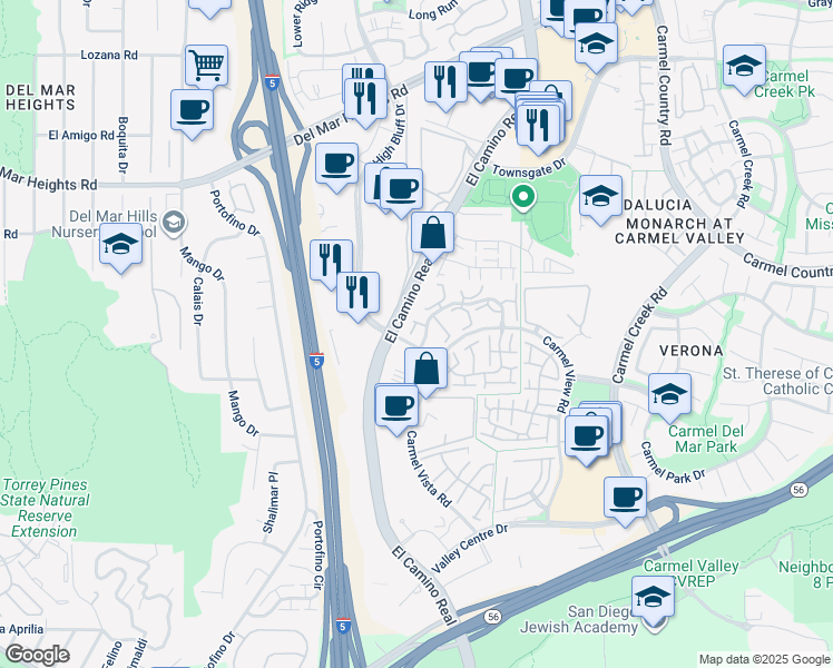 map of restaurants, bars, coffee shops, grocery stores, and more near 3534 Caminito El Rincon in San Diego