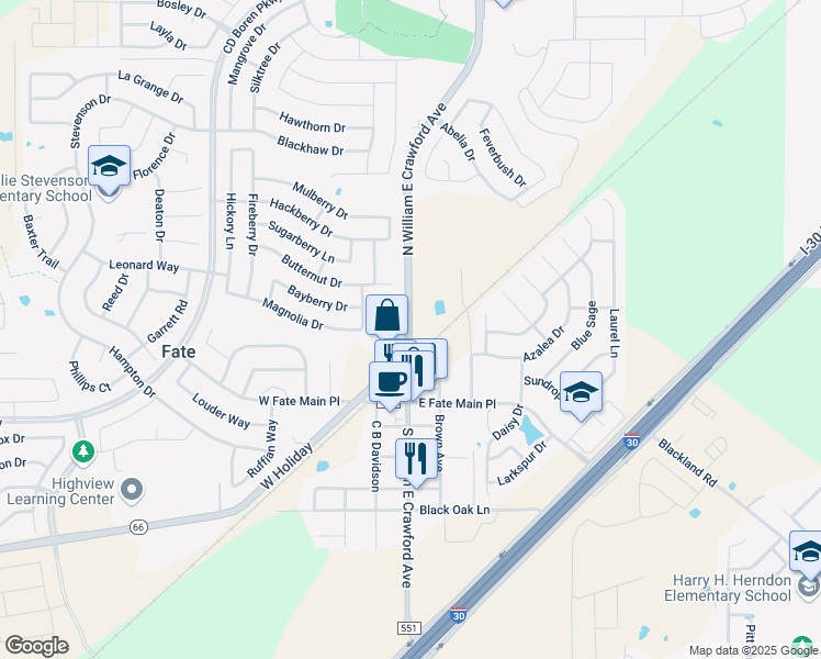 map of restaurants, bars, coffee shops, grocery stores, and more near 409 Highway 66 in Rockwall