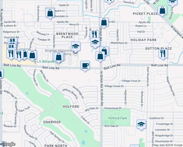 map of restaurants, bars, coffee shops, grocery stores, and more near 2660 Belt Line Road in Garland