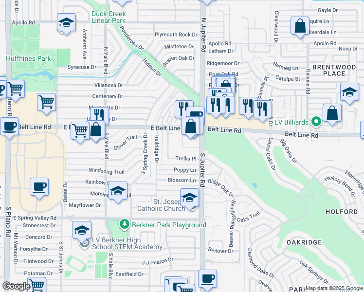 map of restaurants, bars, coffee shops, grocery stores, and more near 2120 East Belt Line Road in Richardson