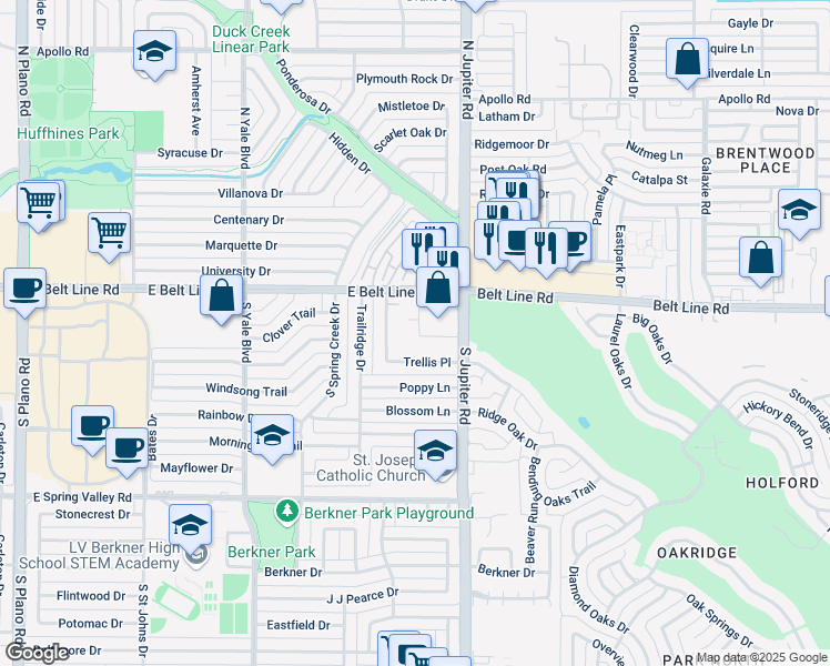 map of restaurants, bars, coffee shops, grocery stores, and more near 2120 East Belt Line Road in Richardson