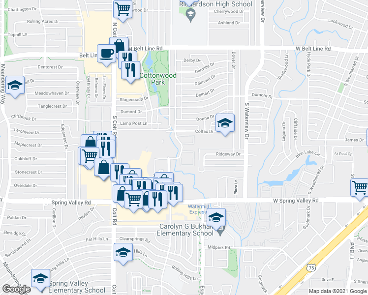 map of restaurants, bars, coffee shops, grocery stores, and more near 821 Dublin Drive in Richardson