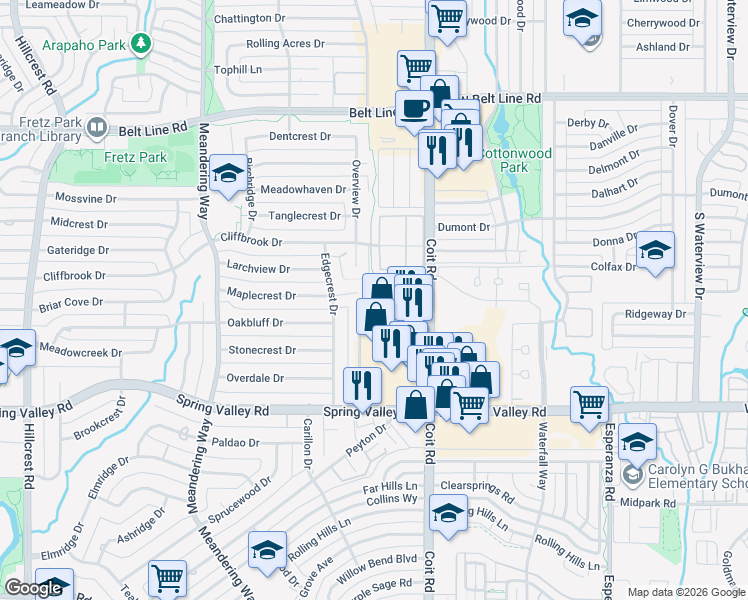 map of restaurants, bars, coffee shops, grocery stores, and more near 14341 Haymeadow Circle in Dallas