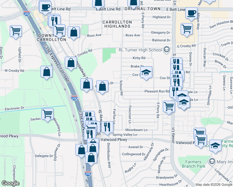 map of restaurants, bars, coffee shops, grocery stores, and more near 1613 Pleasant Run Road in Carrollton