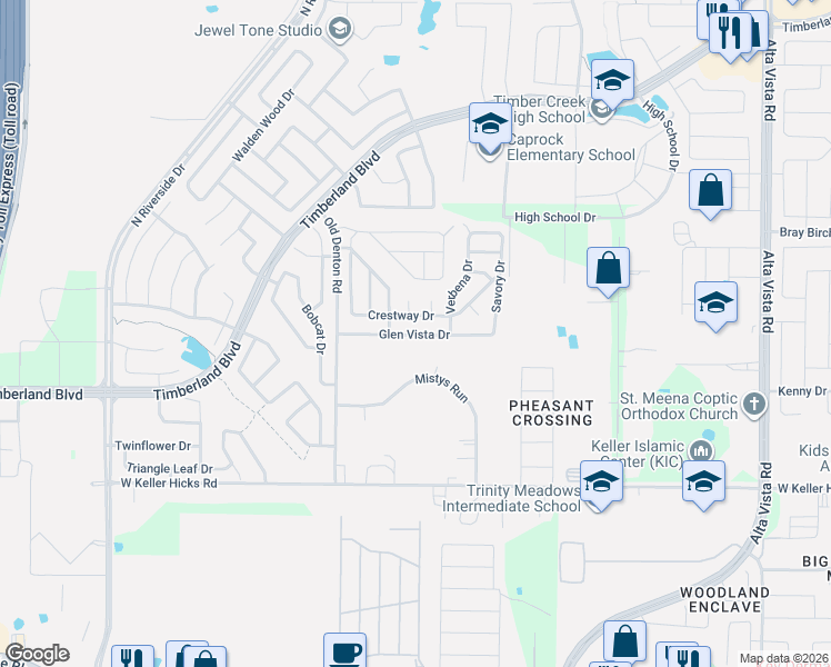 map of restaurants, bars, coffee shops, grocery stores, and more near 11716 Coriander Court in Fort Worth