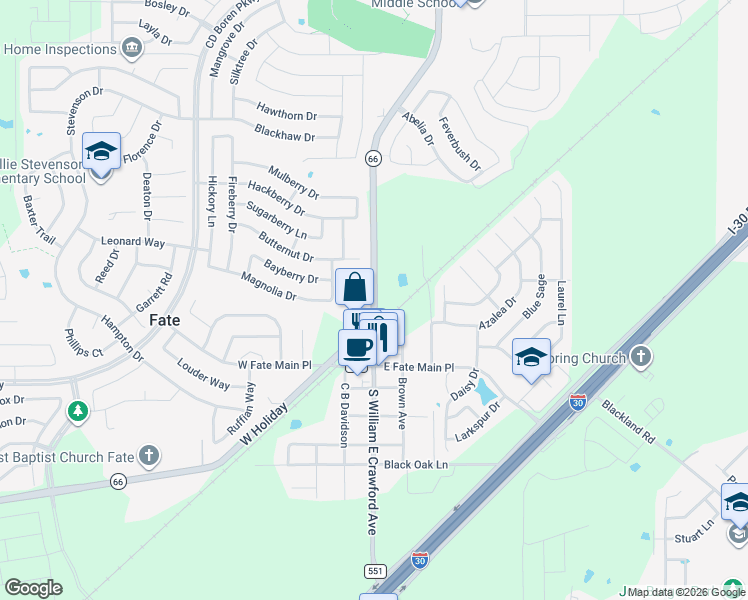 map of restaurants, bars, coffee shops, grocery stores, and more near 409 Highway 66 in Rockwall