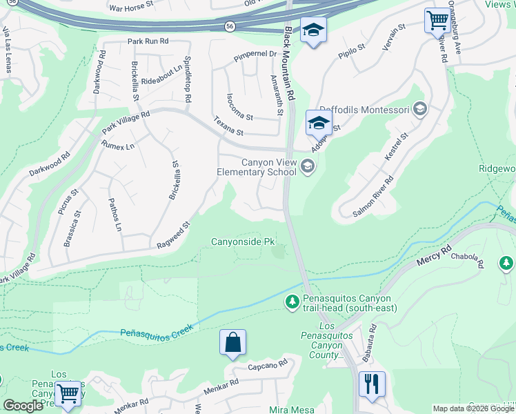 map of restaurants, bars, coffee shops, grocery stores, and more near 9197 Buckwheat Street in San Diego