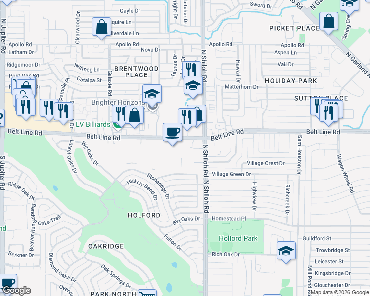 map of restaurants, bars, coffee shops, grocery stores, and more near 2660 Belt Line Road in Garland