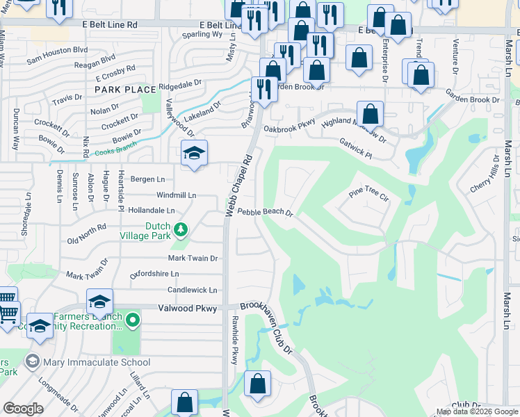 map of restaurants, bars, coffee shops, grocery stores, and more near 14415 Southern Pines Court in Farmers Branch