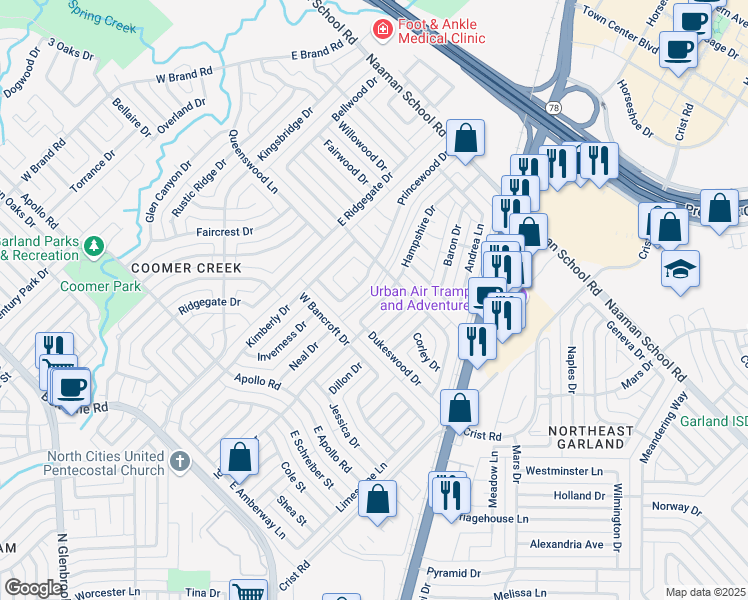 map of restaurants, bars, coffee shops, grocery stores, and more near 2625 Hampshire Drive in Garland