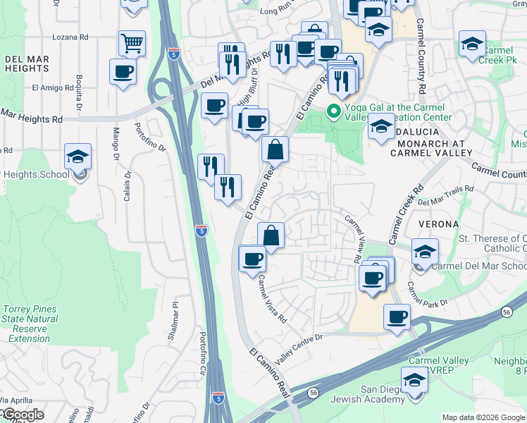 map of restaurants, bars, coffee shops, grocery stores, and more near 3504 Caminito Borrego in San Diego