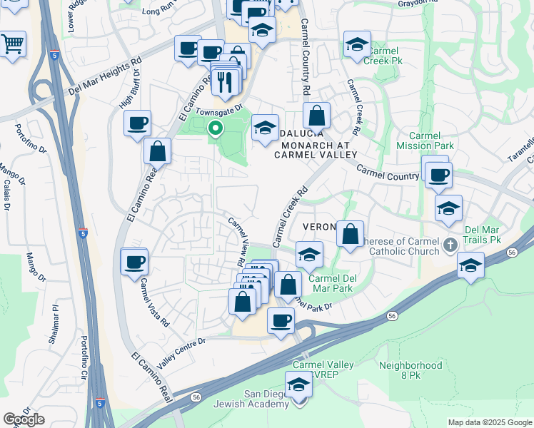map of restaurants, bars, coffee shops, grocery stores, and more near 12560 Carmel Creek Road in San Diego