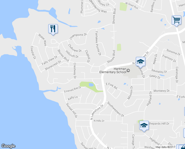 map of restaurants, bars, coffee shops, grocery stores, and more near 1745 Cresthill Drive in Rockwall