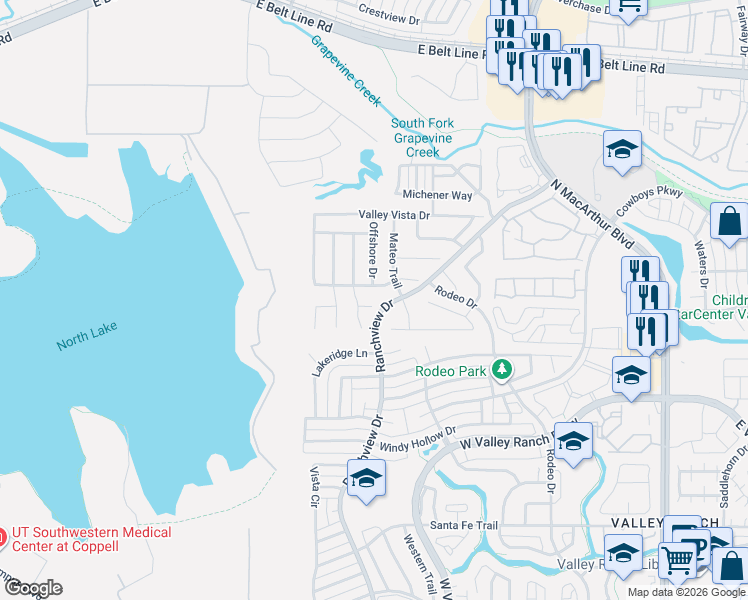 map of restaurants, bars, coffee shops, grocery stores, and more near 1220 Sandy Shore Road in Irving