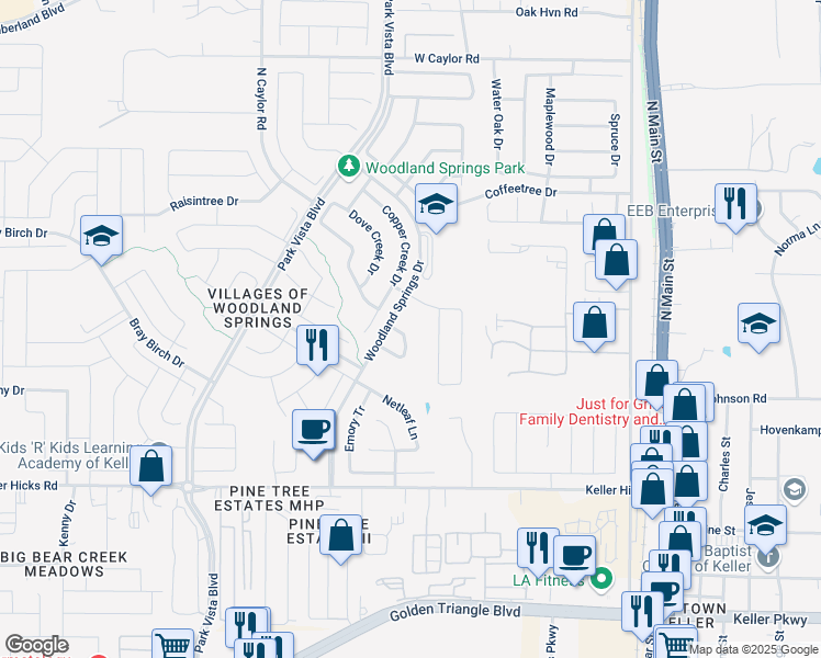 map of restaurants, bars, coffee shops, grocery stores, and more near 5488 Pecan Creek Circle in Fort Worth