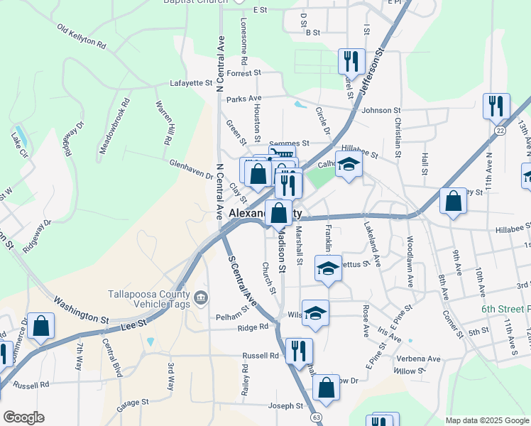 map of restaurants, bars, coffee shops, grocery stores, and more near in Alexander City
