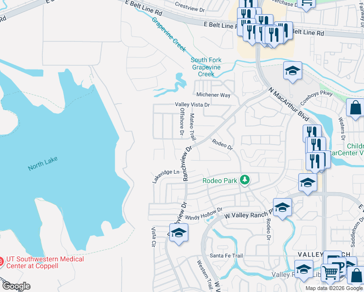 map of restaurants, bars, coffee shops, grocery stores, and more near 1220 Sandy Shore Road in Irving