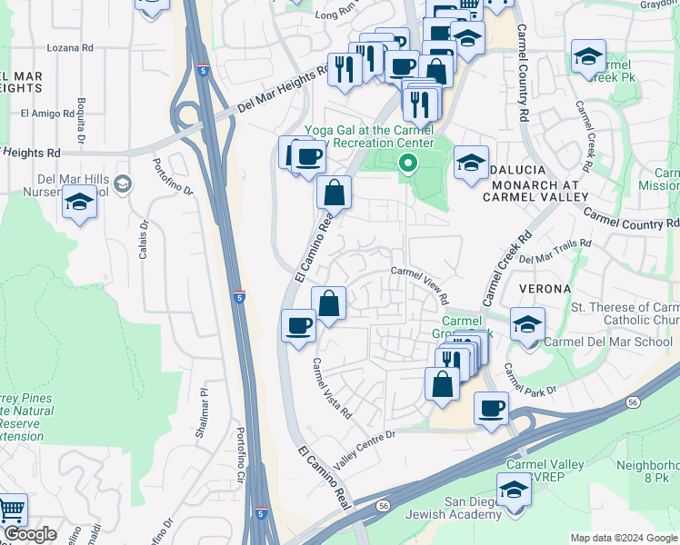 map of restaurants, bars, coffee shops, grocery stores, and more near 3519 Caminito Borrego in San Diego