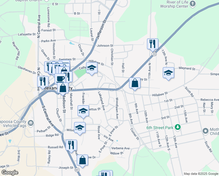map of restaurants, bars, coffee shops, grocery stores, and more near 619 Alabama 22 in Alexander City