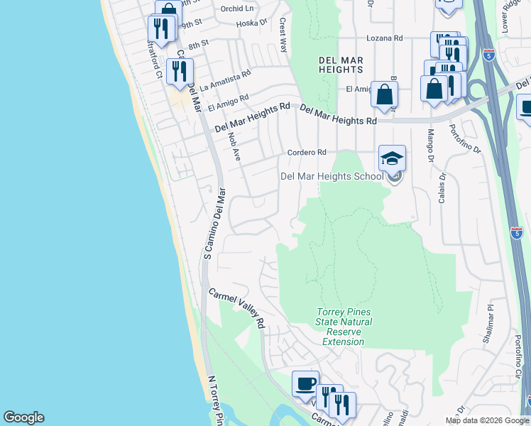 map of restaurants, bars, coffee shops, grocery stores, and more near 404 Pine Needles Drive in Del Mar