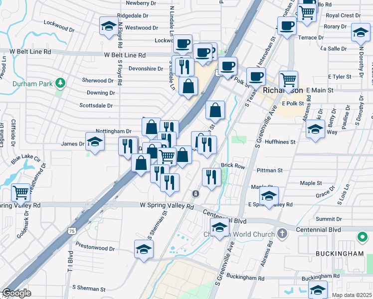 map of restaurants, bars, coffee shops, grocery stores, and more near 610 Sherman Street in Richardson