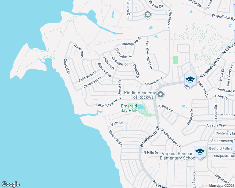 map of restaurants, bars, coffee shops, grocery stores, and more near 1275 Crestway Drive in Rockwall