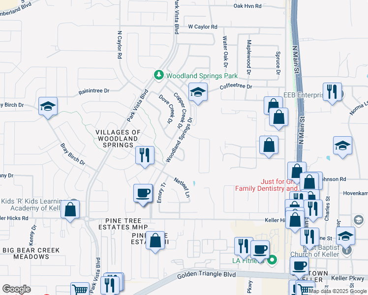 map of restaurants, bars, coffee shops, grocery stores, and more near 5476 Pecan Creek Circle in Fort Worth