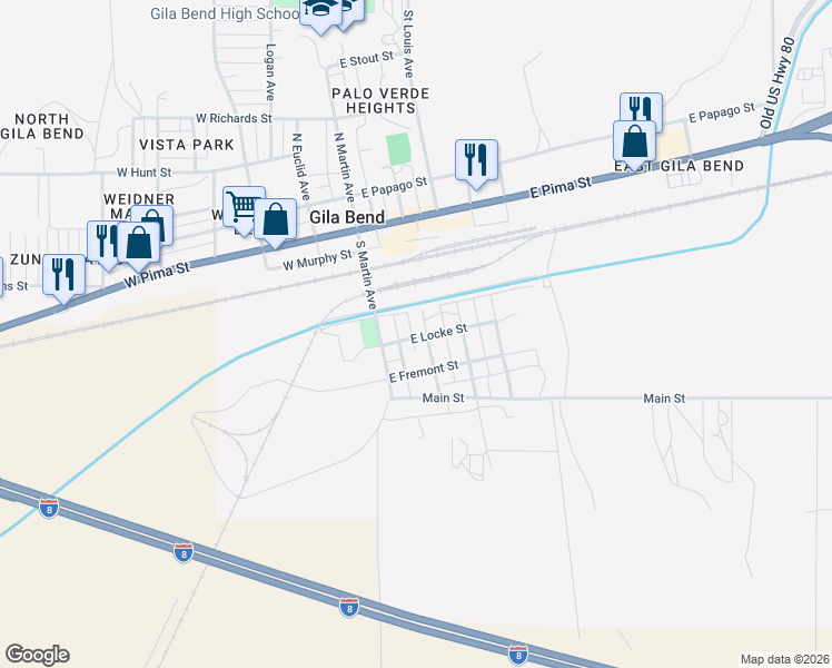 map of restaurants, bars, coffee shops, grocery stores, and more near 407 South Capitol Avenue in Gila Bend