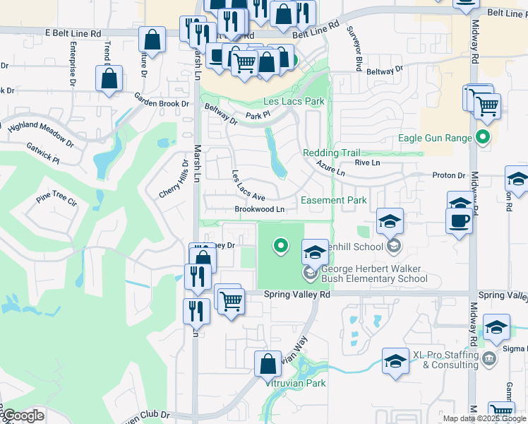 map of restaurants, bars, coffee shops, grocery stores, and more near 14597 Parker Court in Addison