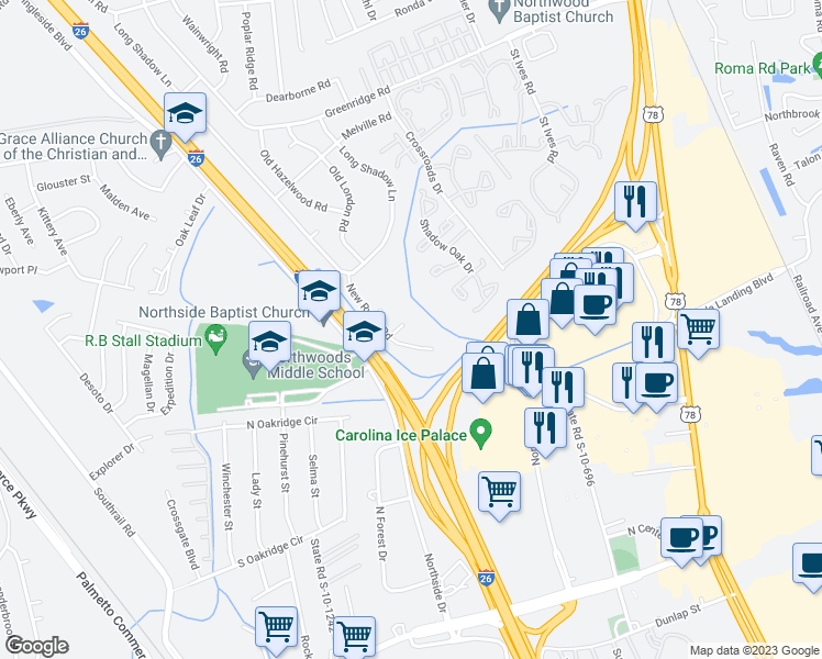 map of restaurants, bars, coffee shops, grocery stores, and more near 2704 Indian Summer Drive in North Charleston