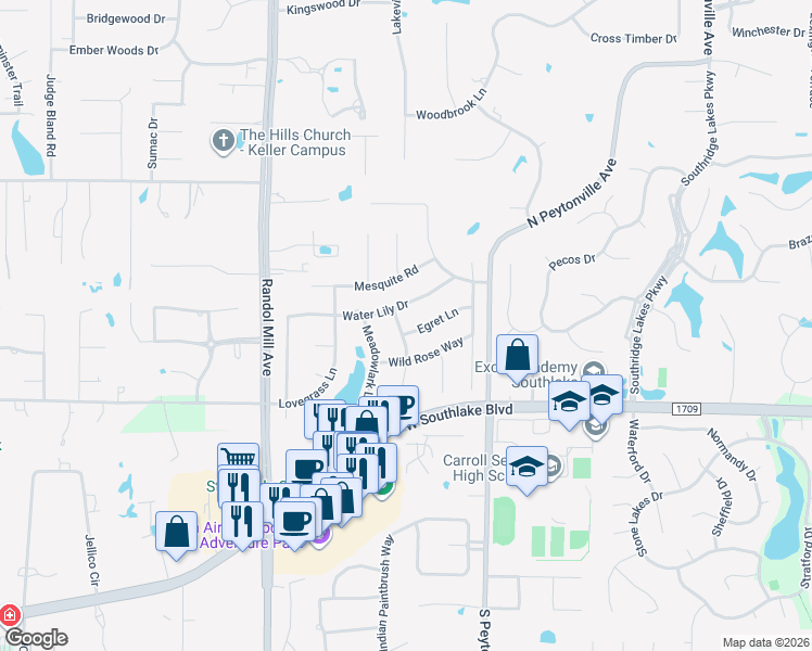 map of restaurants, bars, coffee shops, grocery stores, and more near 1717 Water Lily Drive in Southlake
