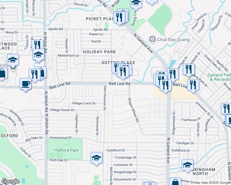 map of restaurants, bars, coffee shops, grocery stores, and more near 1850 Belt Line Road in Garland