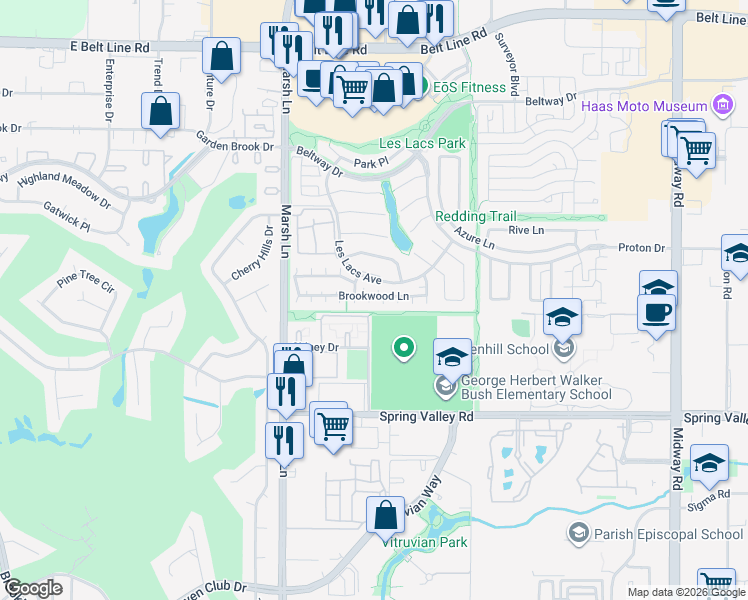 map of restaurants, bars, coffee shops, grocery stores, and more near 14609 Hemingway Court in Addison