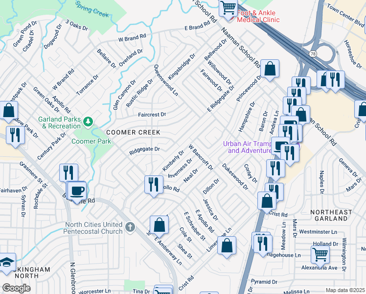 map of restaurants, bars, coffee shops, grocery stores, and more near 150 Ridgegate Drive in Garland