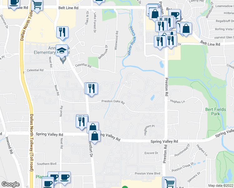 map of restaurants, bars, coffee shops, grocery stores, and more near 5619 Cedar Canyon Road in Dallas