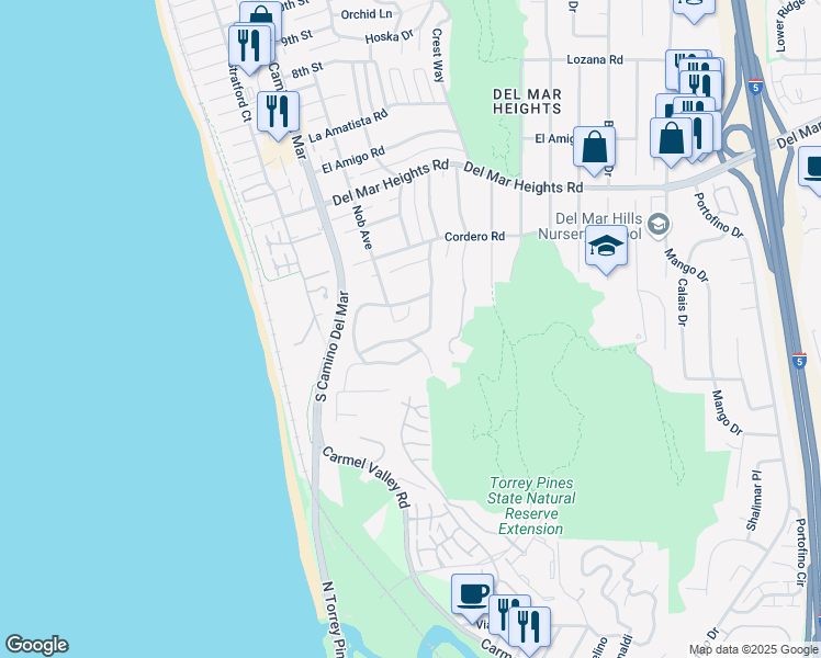 map of restaurants, bars, coffee shops, grocery stores, and more near 404 Pine Needles Drive in Del Mar