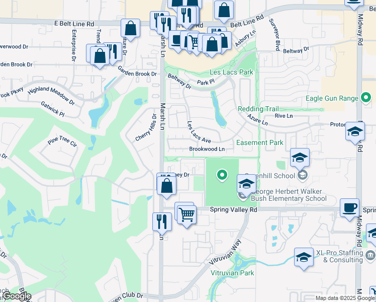 map of restaurants, bars, coffee shops, grocery stores, and more near 14612 Dove Court in Addison
