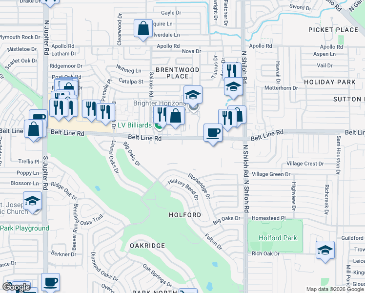 map of restaurants, bars, coffee shops, grocery stores, and more near 2804 Belt Line Road in Garland