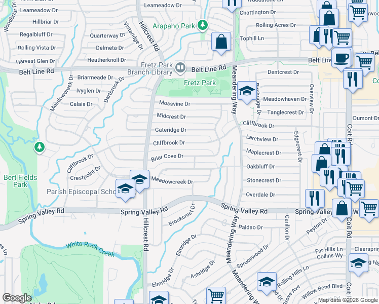 map of restaurants, bars, coffee shops, grocery stores, and more near 7028 Cliffbrook Drive in Dallas