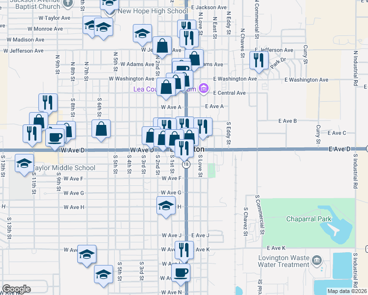 map of restaurants, bars, coffee shops, grocery stores, and more near in Lovington