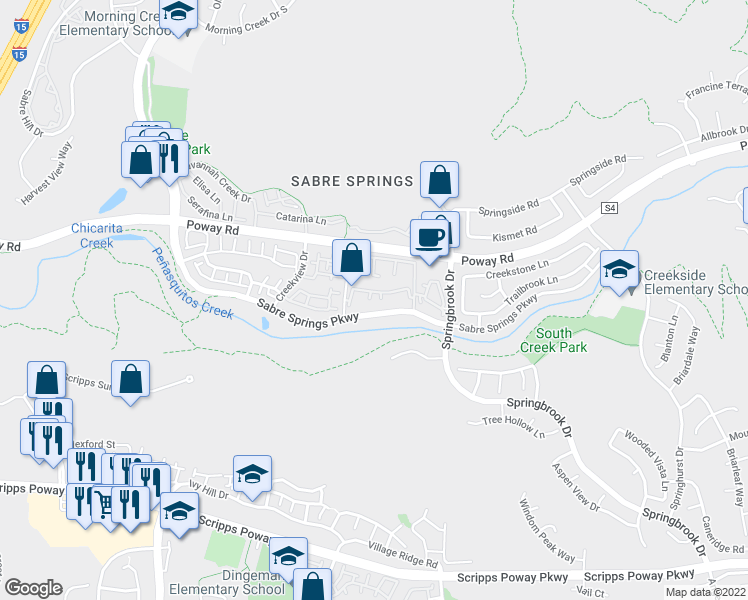 map of restaurants, bars, coffee shops, grocery stores, and more near 12505 Heatherton Court in San Diego
