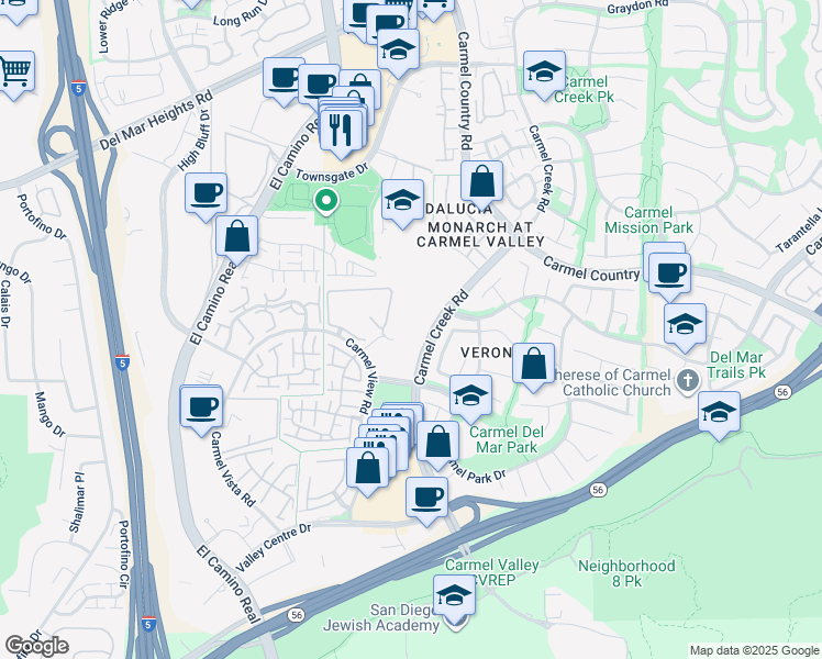 map of restaurants, bars, coffee shops, grocery stores, and more near 12560 Carmel Creek Road in San Diego