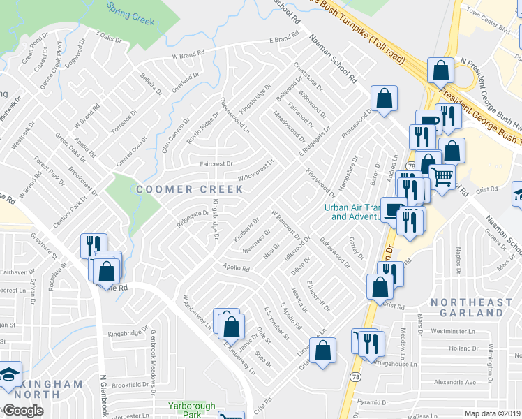 map of restaurants, bars, coffee shops, grocery stores, and more near 150 Ridgegate Drive in Garland