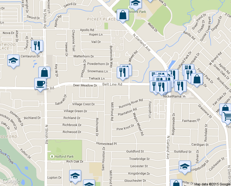map of restaurants, bars, coffee shops, grocery stores, and more near 1850 Belt Line Road in Garland