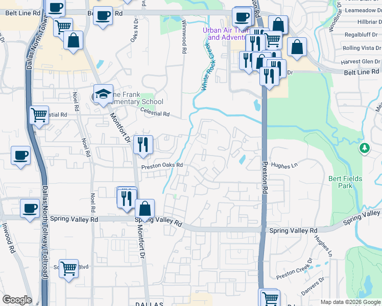 map of restaurants, bars, coffee shops, grocery stores, and more near 5619 Cedar Canyon Road in Dallas