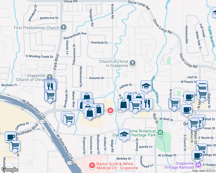 map of restaurants, bars, coffee shops, grocery stores, and more near 500 North Dove Road in Grapevine