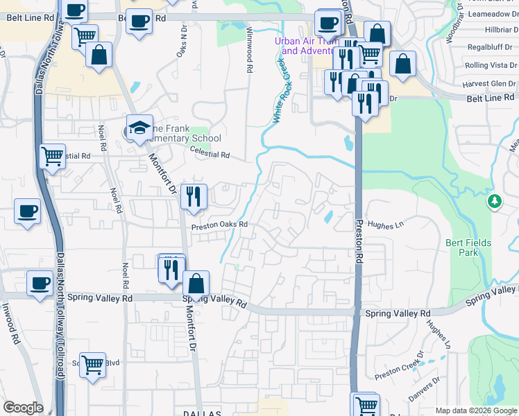 map of restaurants, bars, coffee shops, grocery stores, and more near 5619 Cedar Canyon Road in Dallas