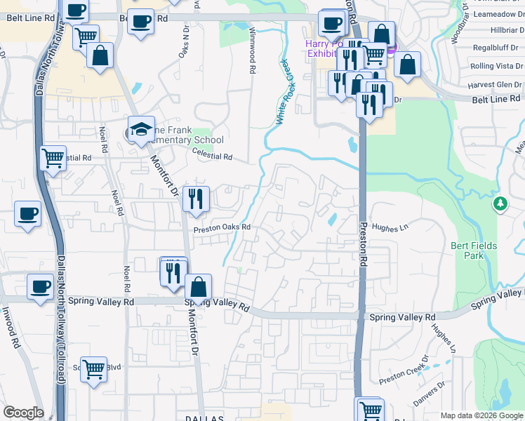 map of restaurants, bars, coffee shops, grocery stores, and more near 5619 Preston Oaks Road in Dallas