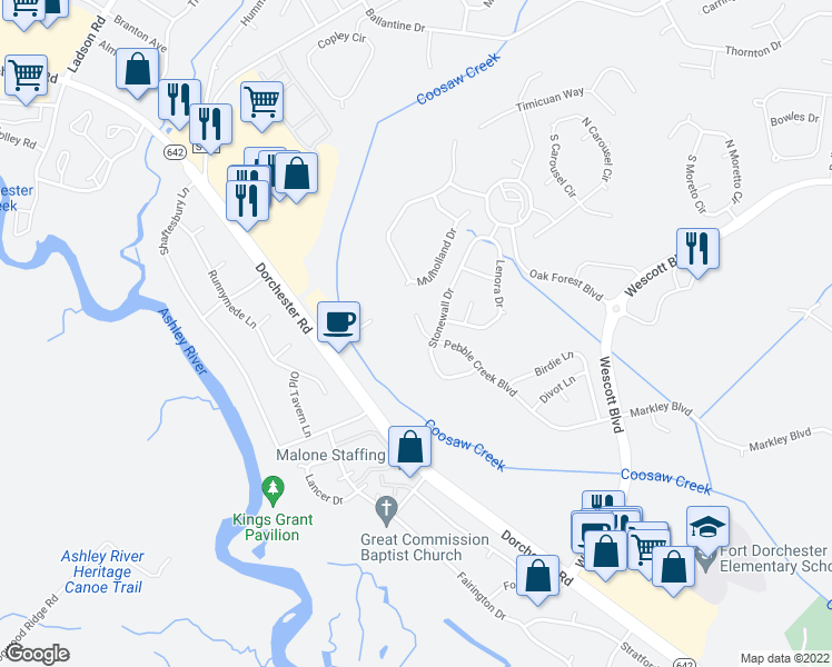 map of restaurants, bars, coffee shops, grocery stores, and more near 9689 Pebble Creek Boulevard in Summerville